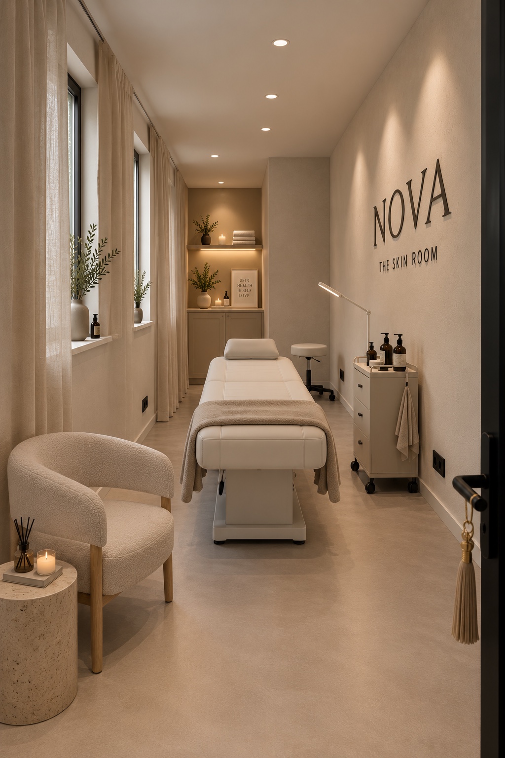Visualisierung von NOVA – The Skin Room mit Behandlungsliege, warmen Naturtönen und NOVA Schriftzug